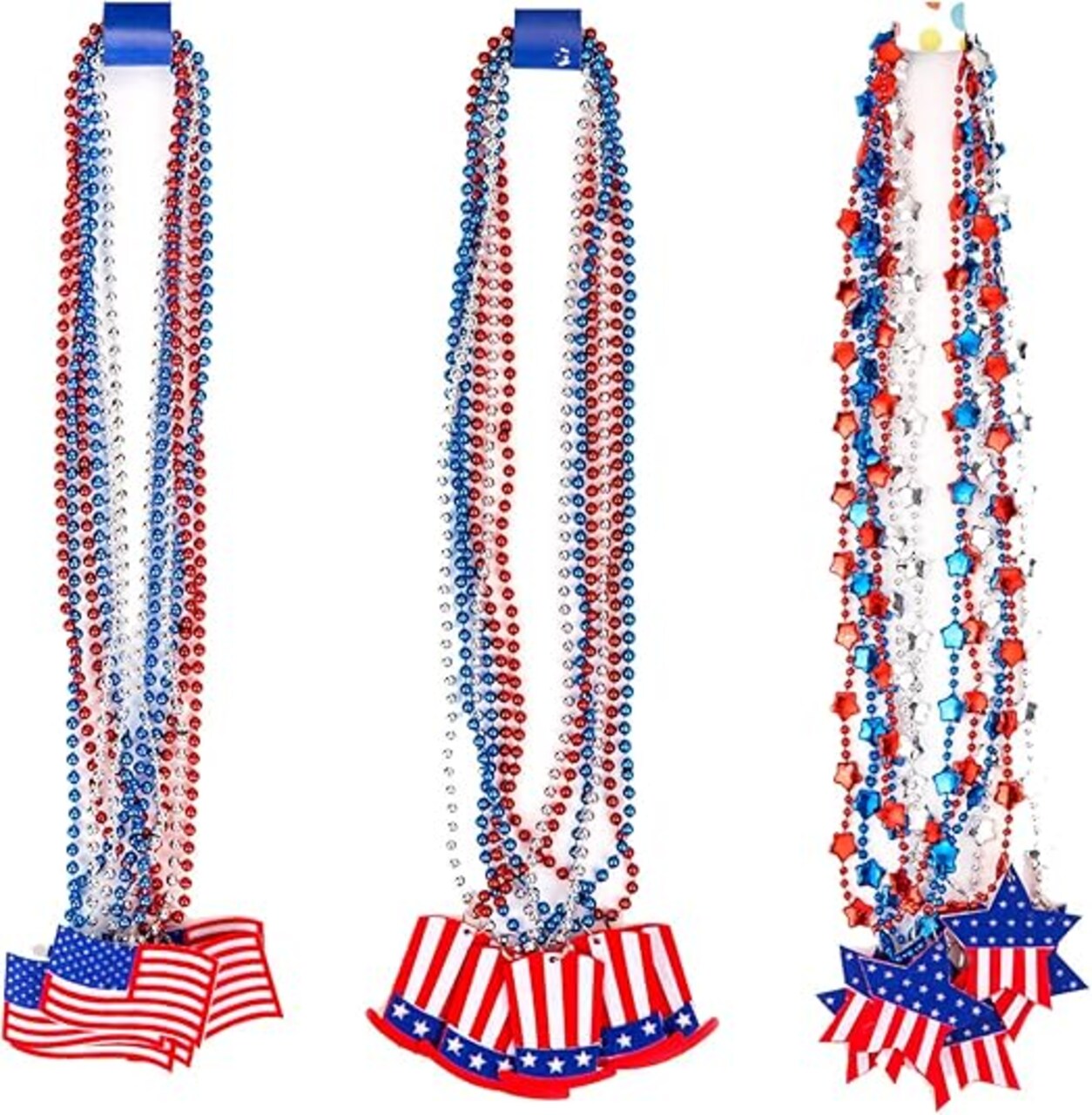 4th of July Bead Necklaces Patriotic Metallic Beaded Necklaces with USA Hat American Flag and Star Pendants for Independence Day Memorial Day Sport Event Party Favors, 18Pcs